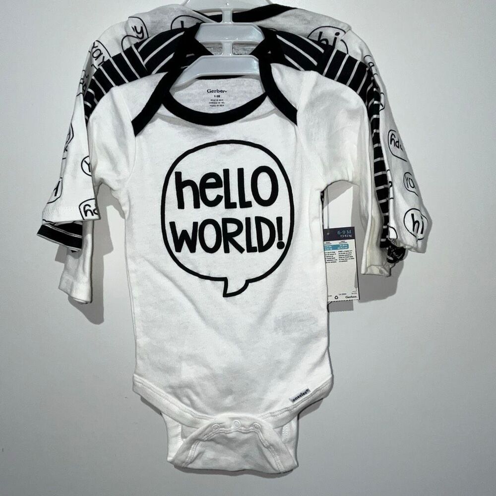 Lot‎ of 3 Gerber Baby Boys Long Sleeve Bodysuits Black White Size 6-9 Months NWT